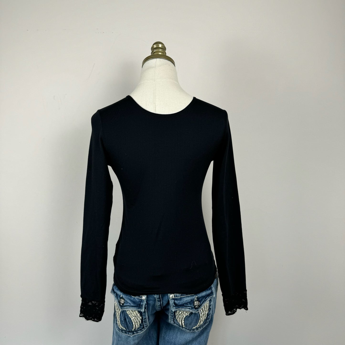 Black Fitted Lace Trim Long Sleeve Top