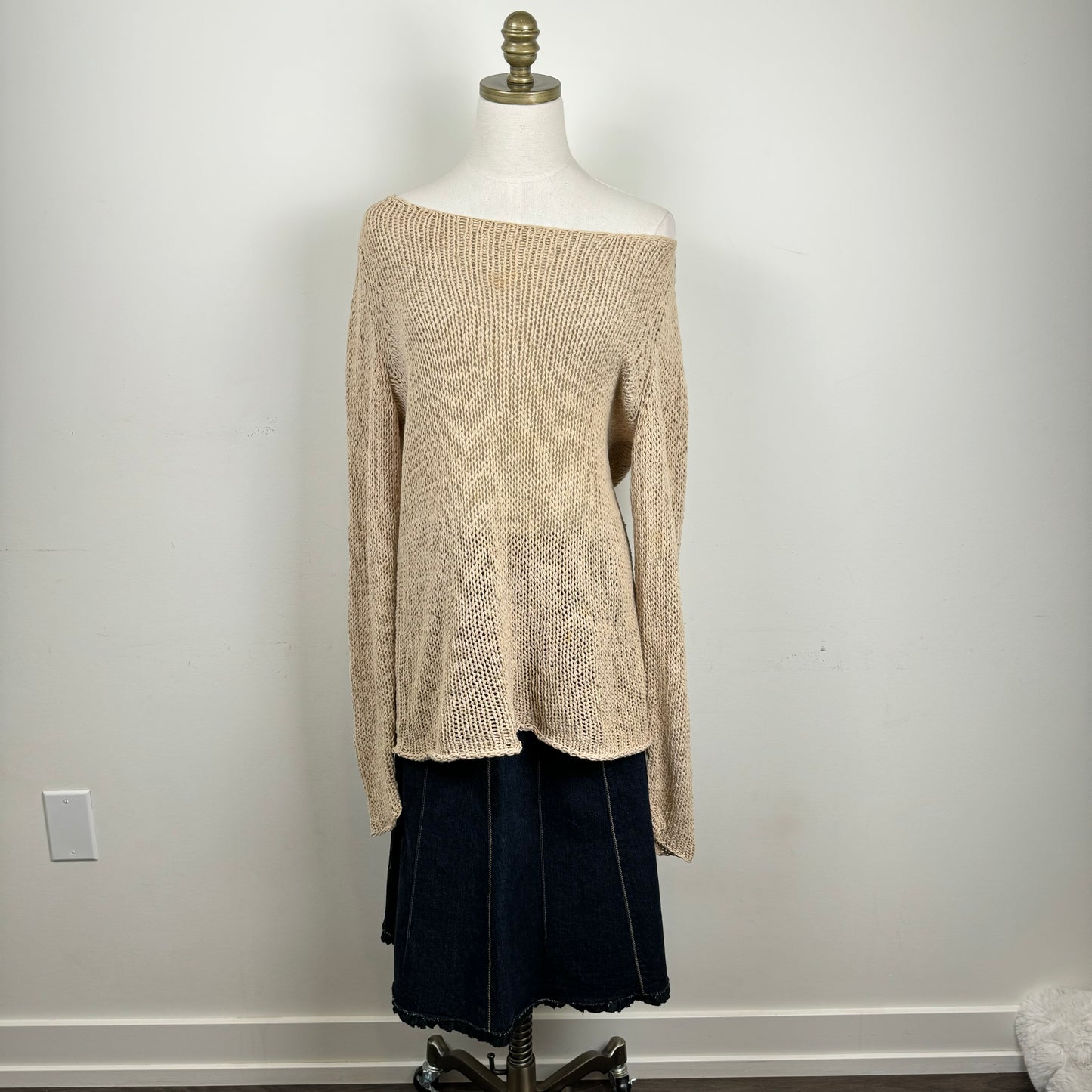 Beige Off Shoulder Loose Knit Crochet Sweater