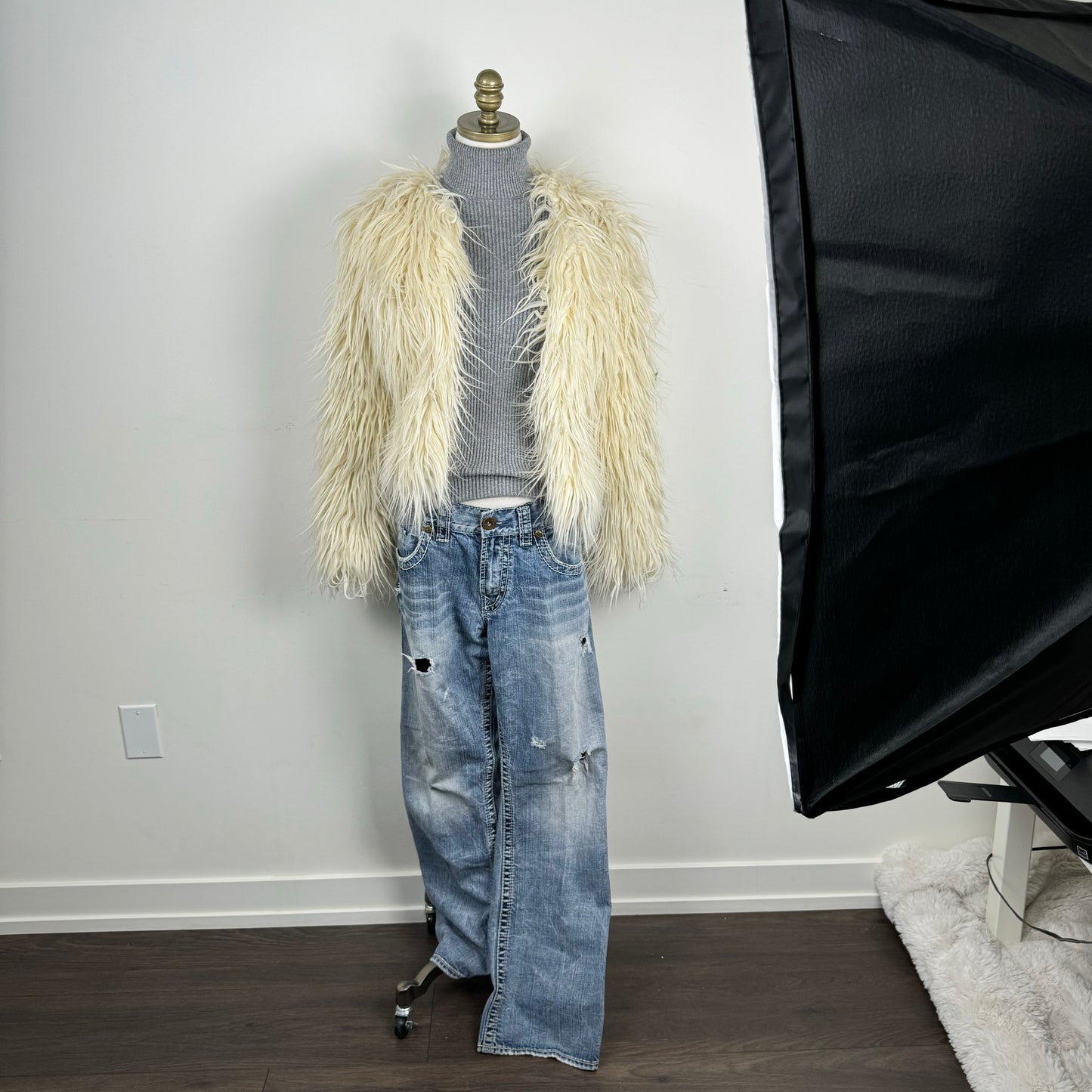 Cream Fuzzy Ostrich Faux Fur Jacket