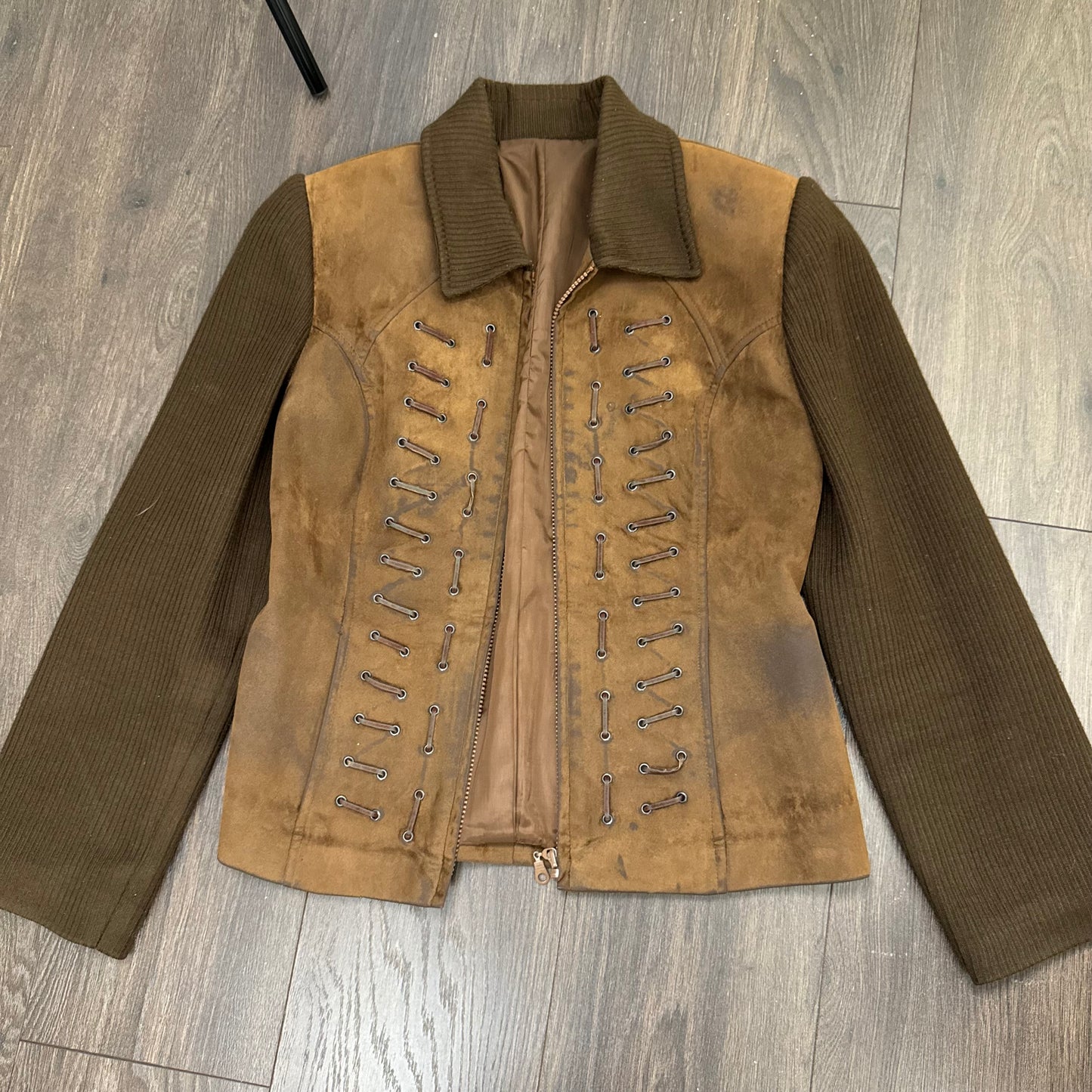 Brown Faux Suede Jacket with Lace Up Details