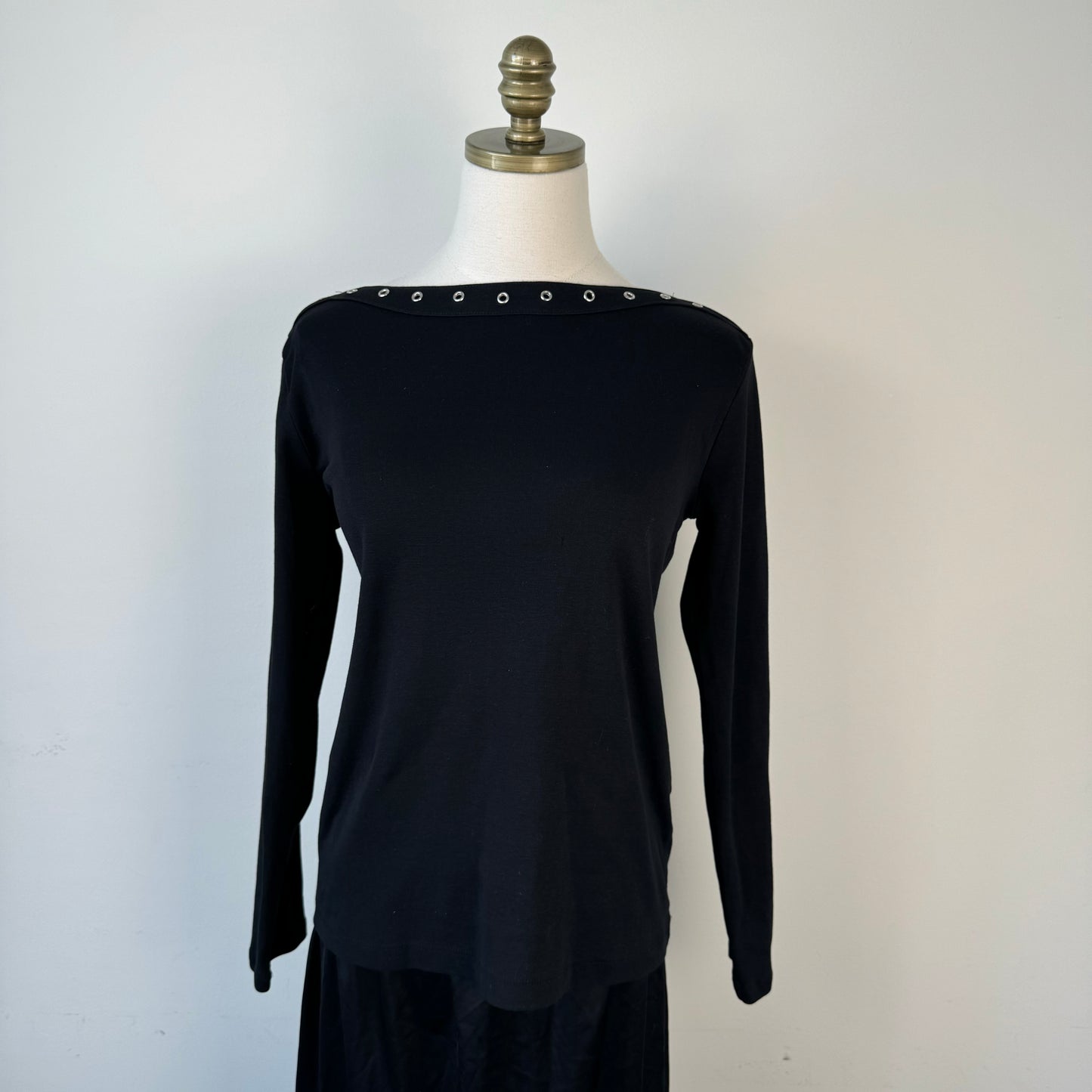 Black Studded Boat Neck Long Sleeve Top