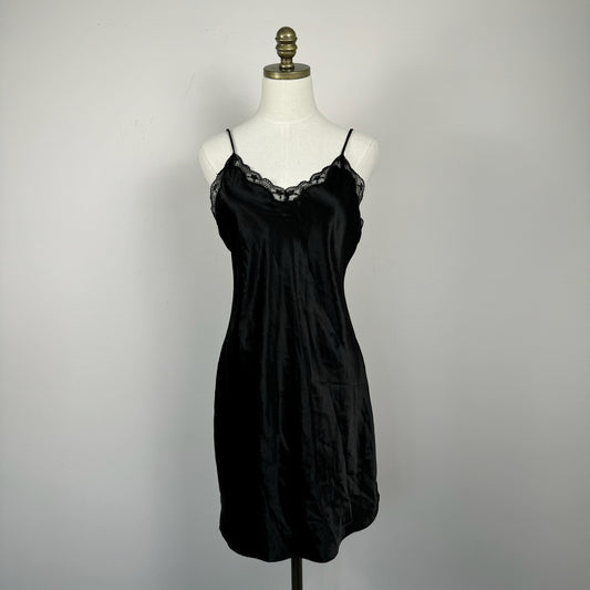 Black Silky Lace Trim Slip Dress