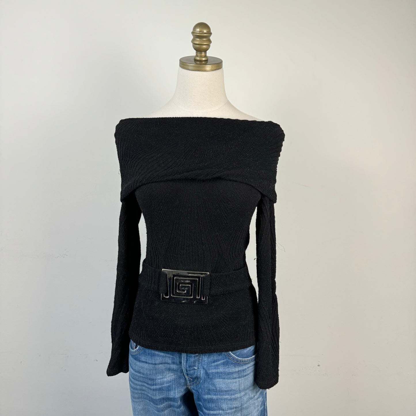 Black Off Shoulder Buckled Sweater
