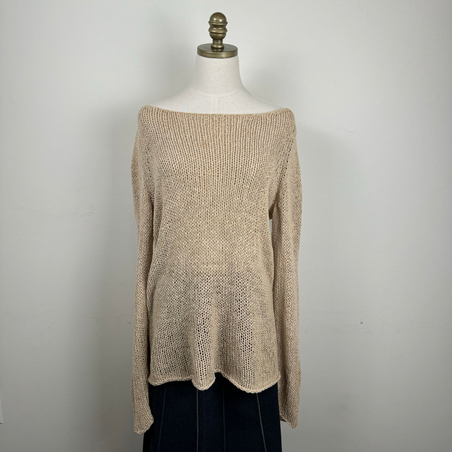 Beige Off Shoulder Loose Knit Crochet Sweater