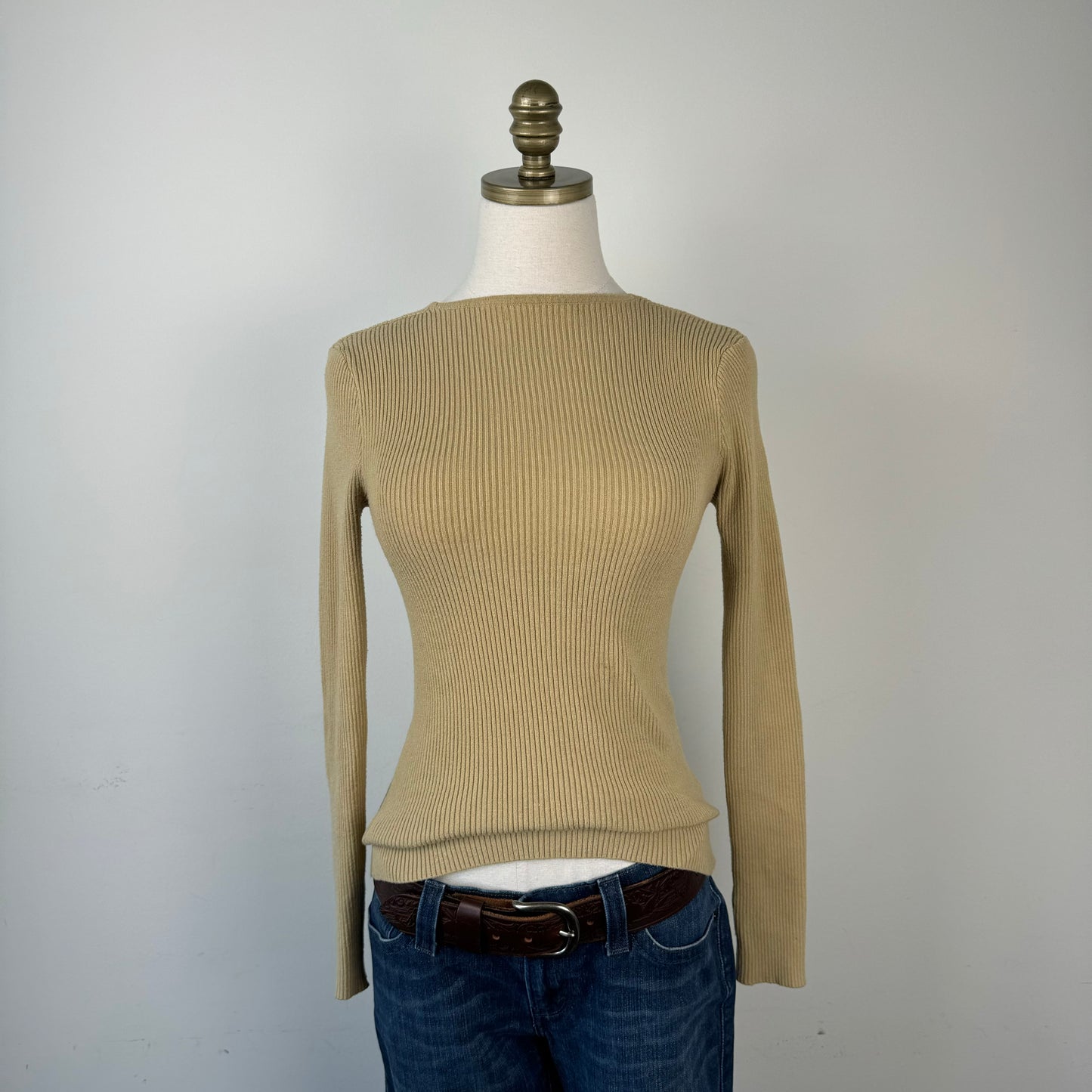 Fitted High Neck Ribbed Knit Long Sleeve Top