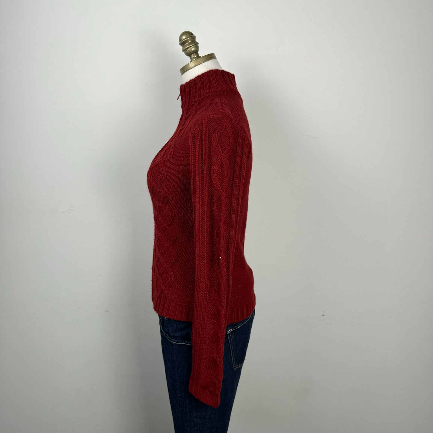 Red Cable Knit Zip Up Sweater
