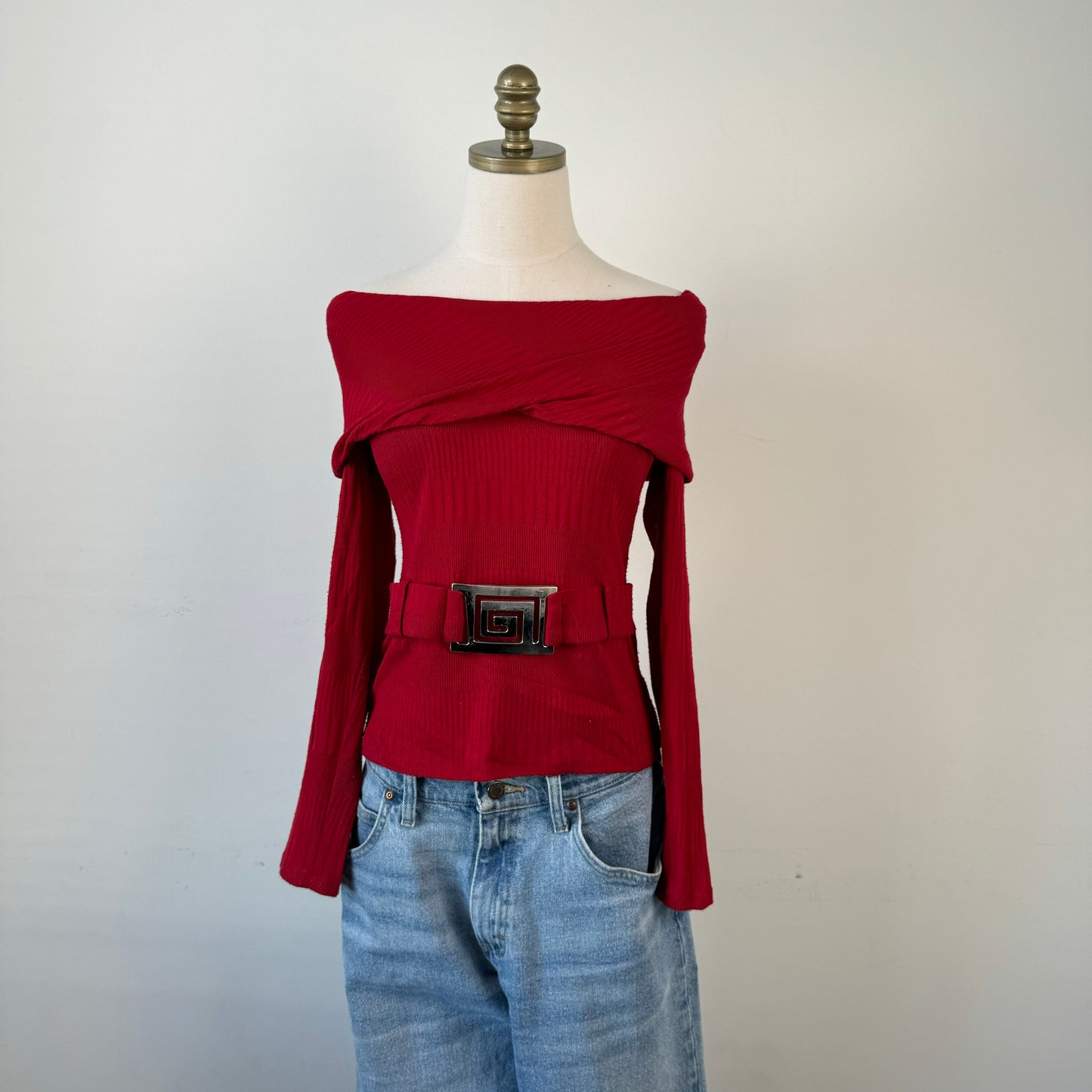 Red Off Shoulder Buckled Sweater