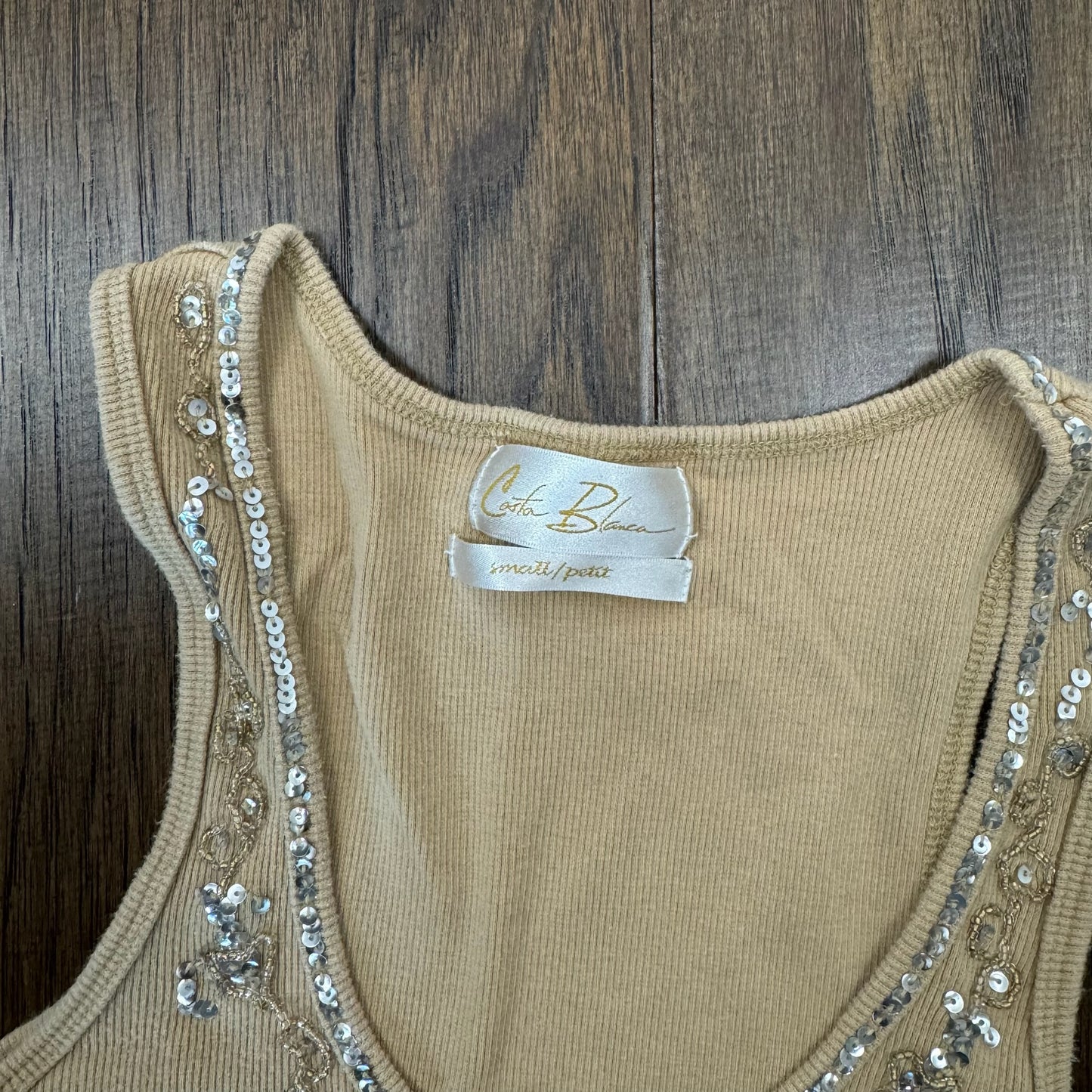 Fitted Beaded Beige Ribbed Knit Tank Top