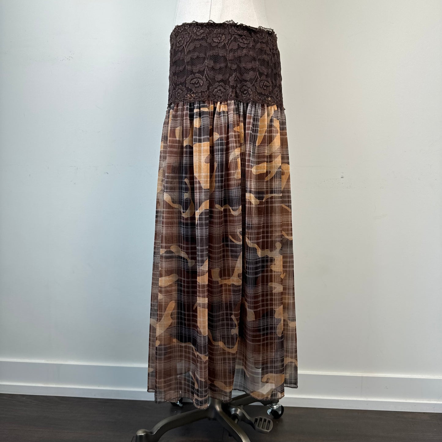 Brown Lace Trim Plaid Chiffon Maxi Skirt