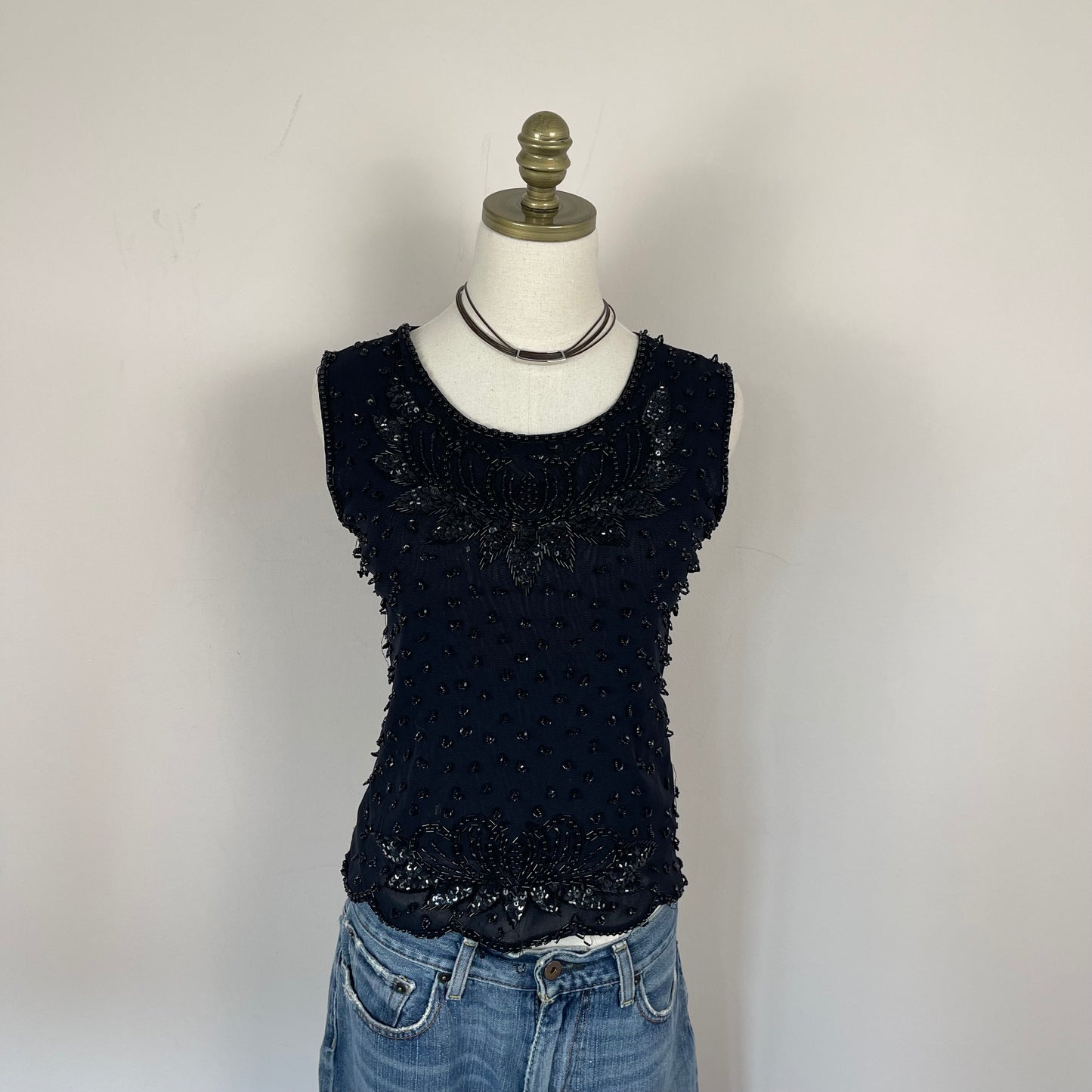 Vintage Black Mesh Beaded Top