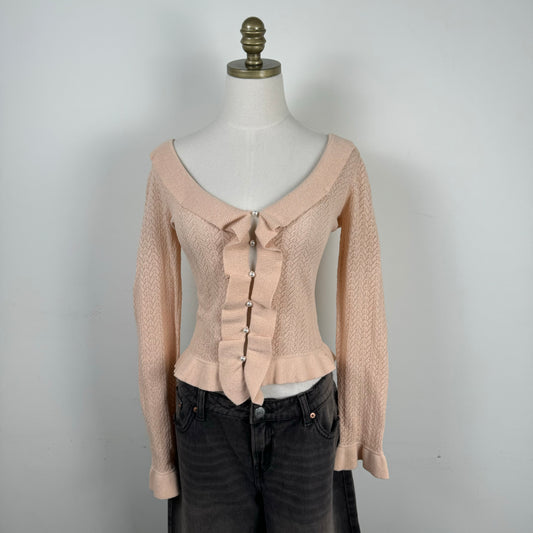 Pink Ruffled Open Knit Long Sleeve Top