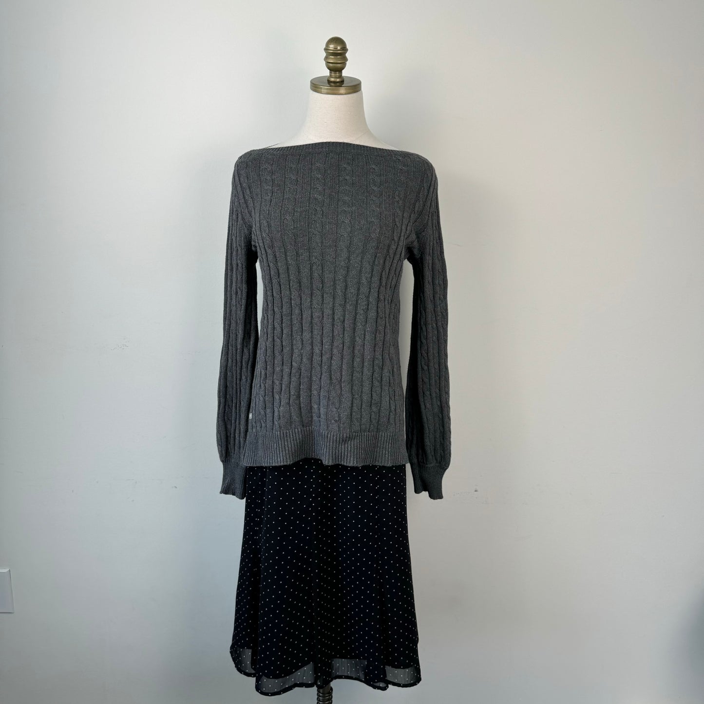 Ralph Lauren Boat Neck Grey Cable Knit Sweater