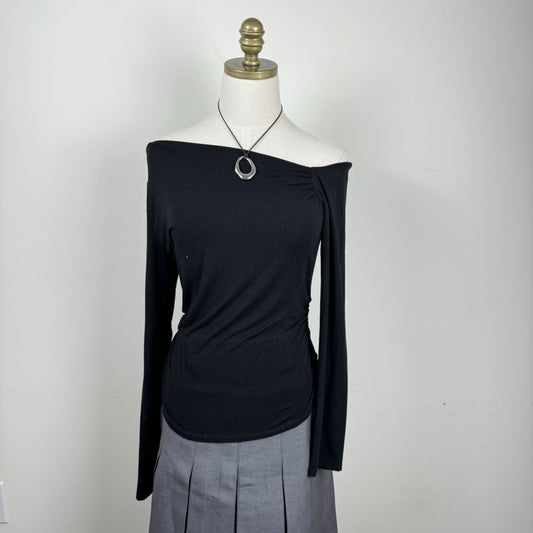 Black Asymmetric Off Shoulder Fitted Long Sleeve Top