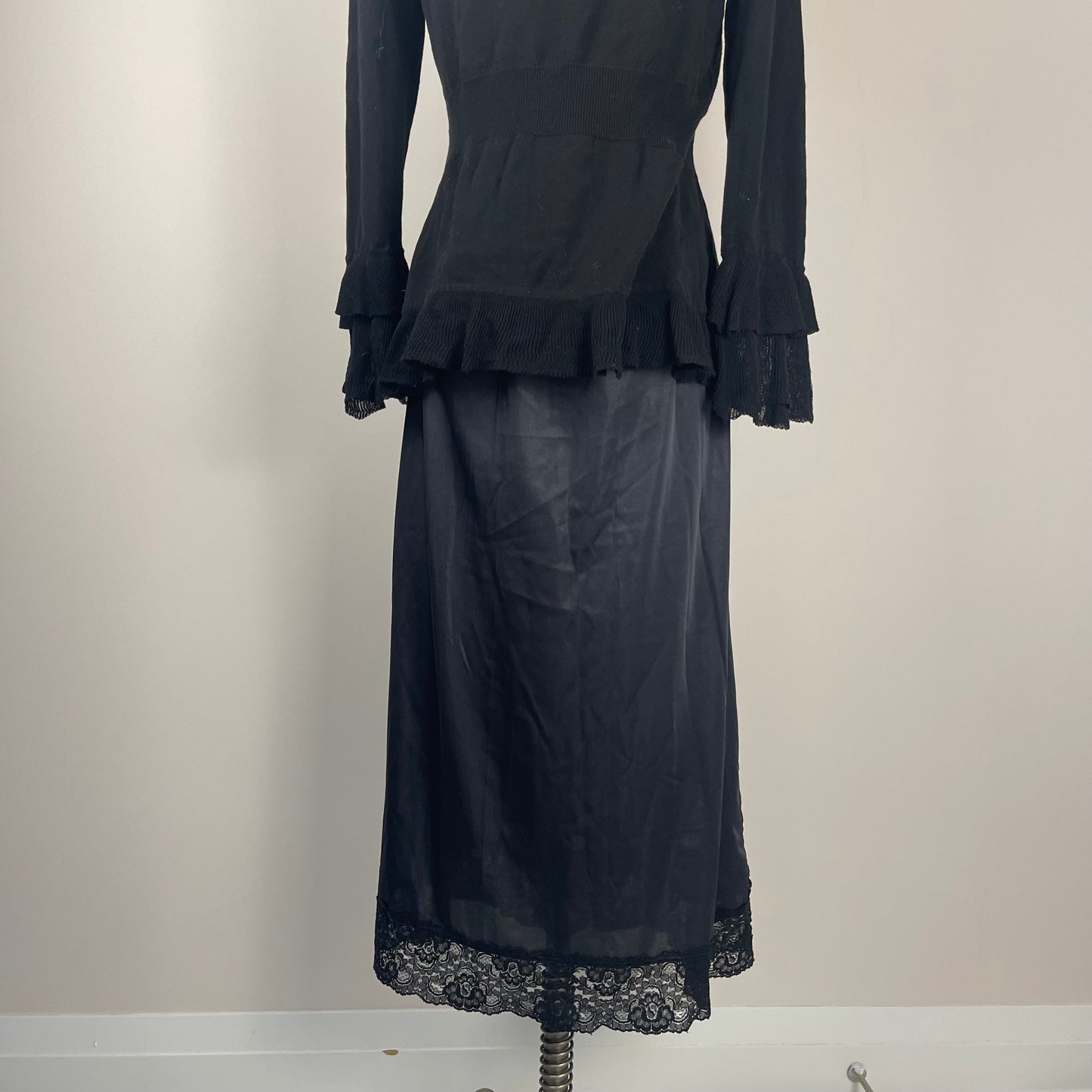 Black Satin Lace Trim Midi Skirt