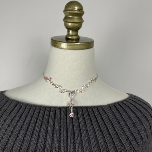 Romantic Silver Pink Floral Necklace