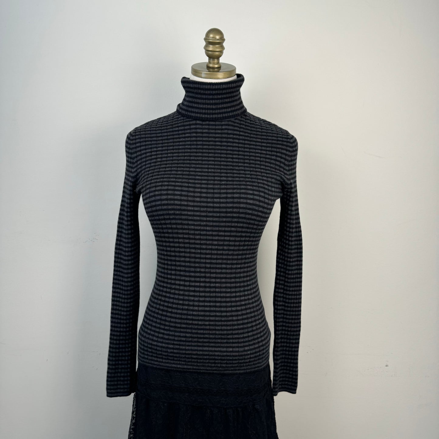 Black and Grey Striped Fitted Turtleneck Sweater