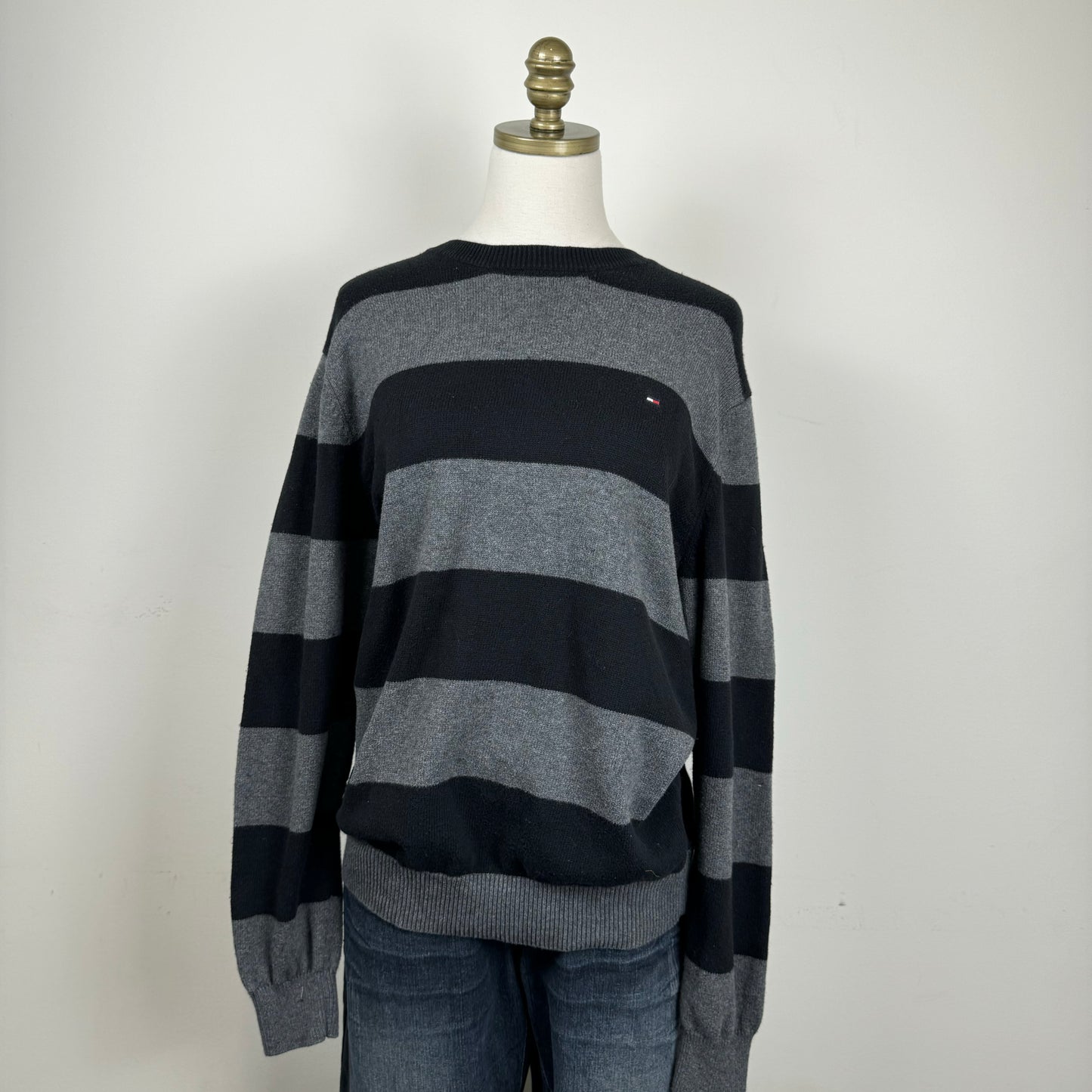 Tommy Black and Grey Striped Crewneck Sweater