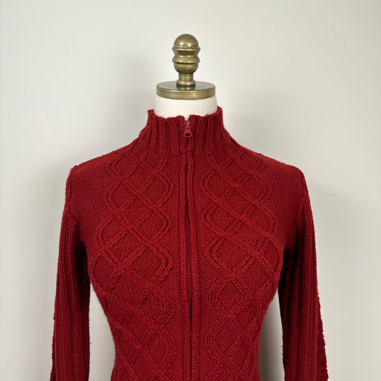 Red Cable Knit Zip Up Sweater