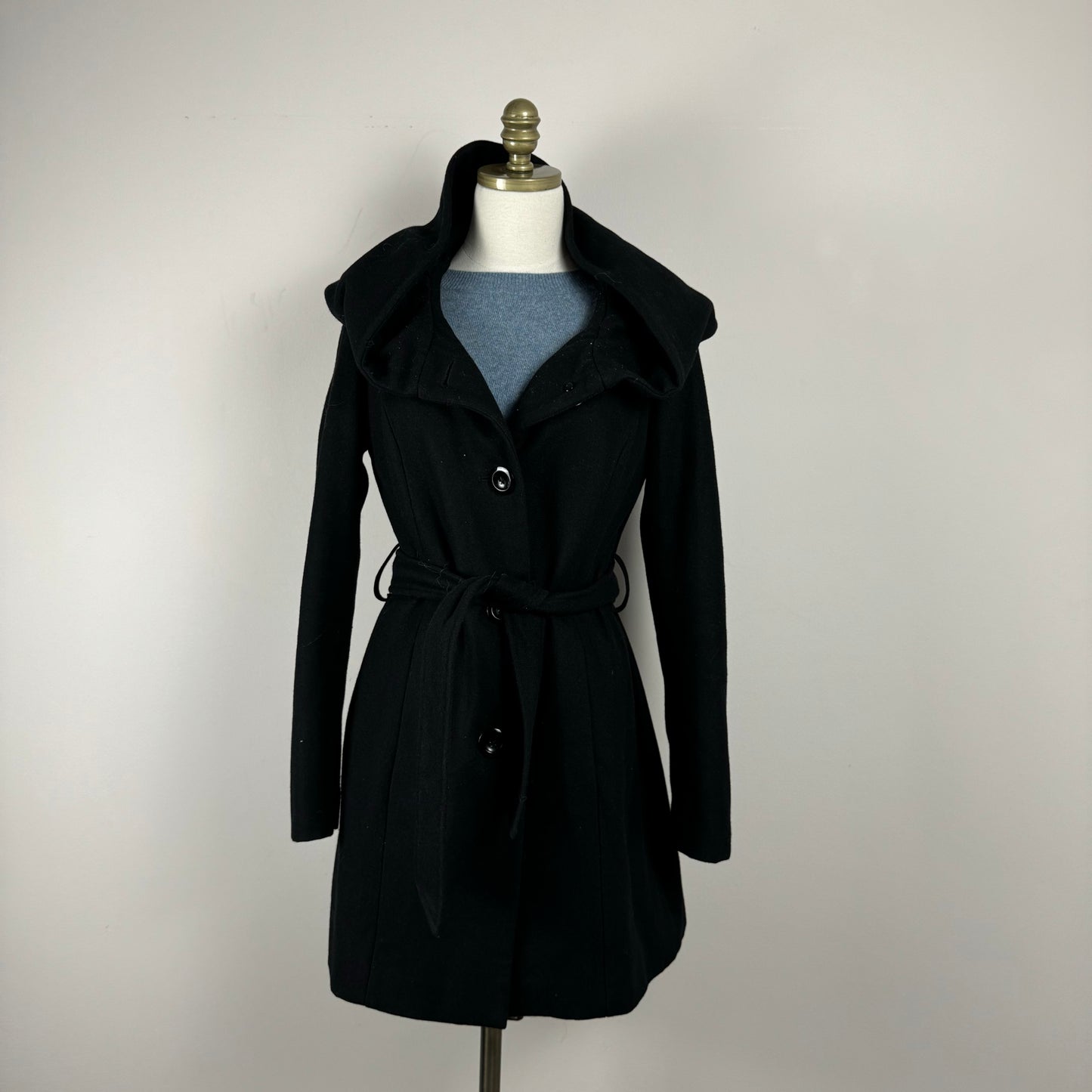 Vintage Black Long Hooded Trench Coat