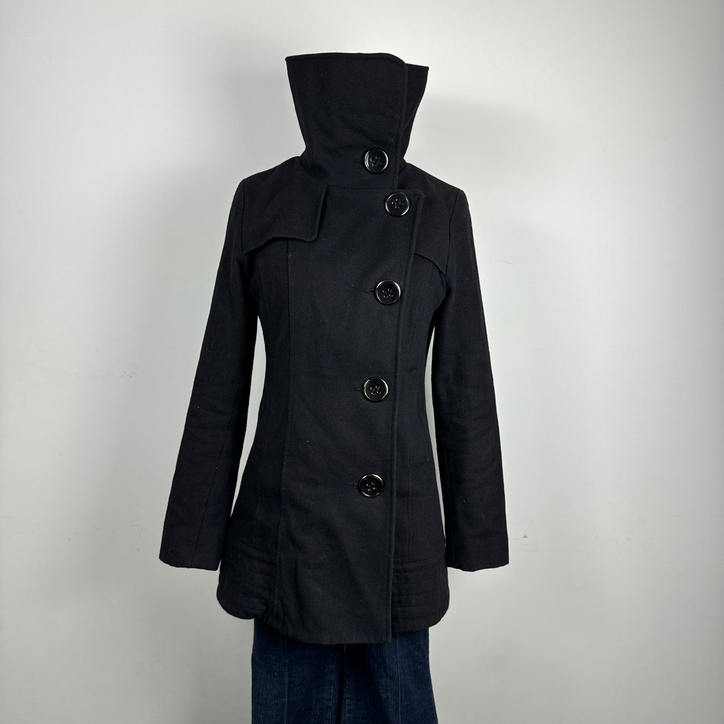 Black Wool Funnel Neck Trench Coat
