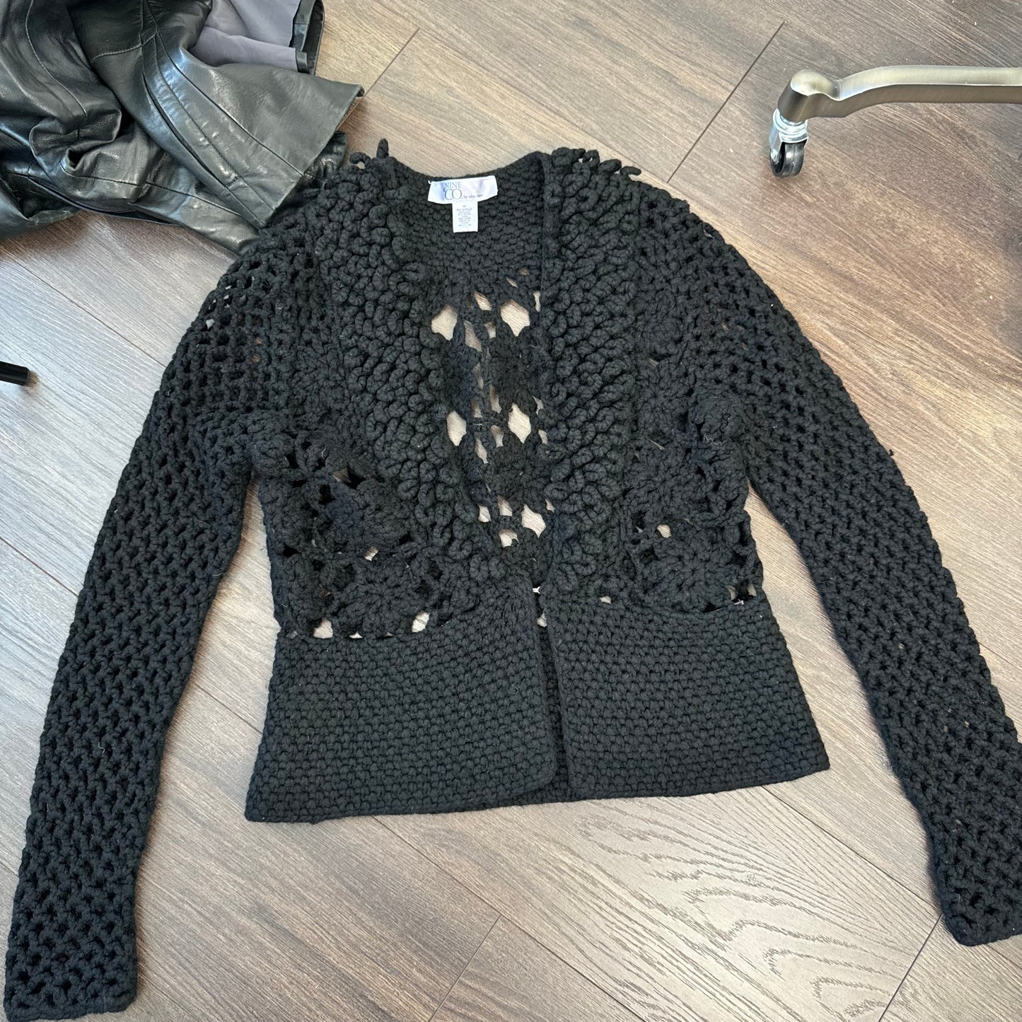 Black Open Front Mesh Crochet Sweater