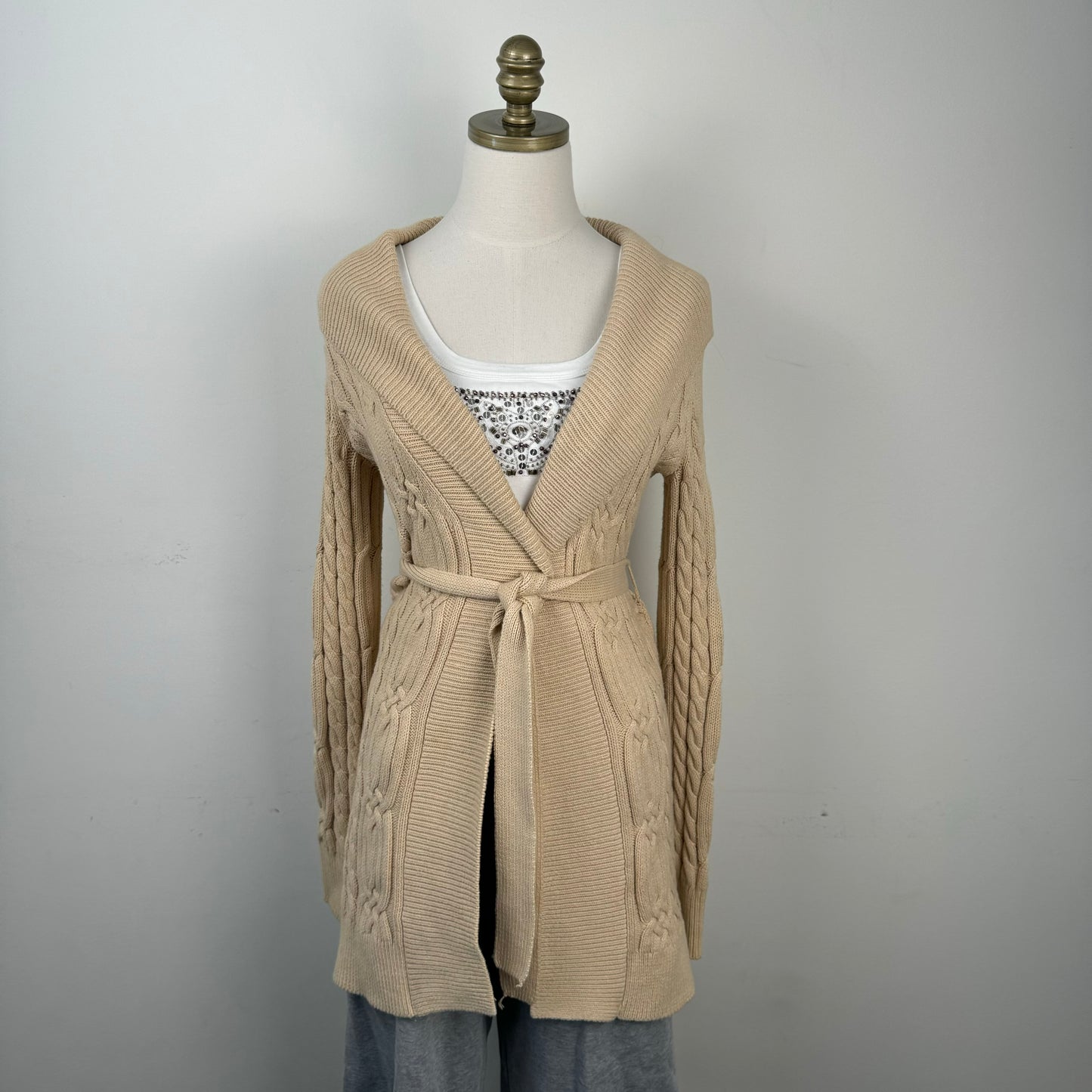 Tommy Cable Knit Tie Waist Maxi Cardigan