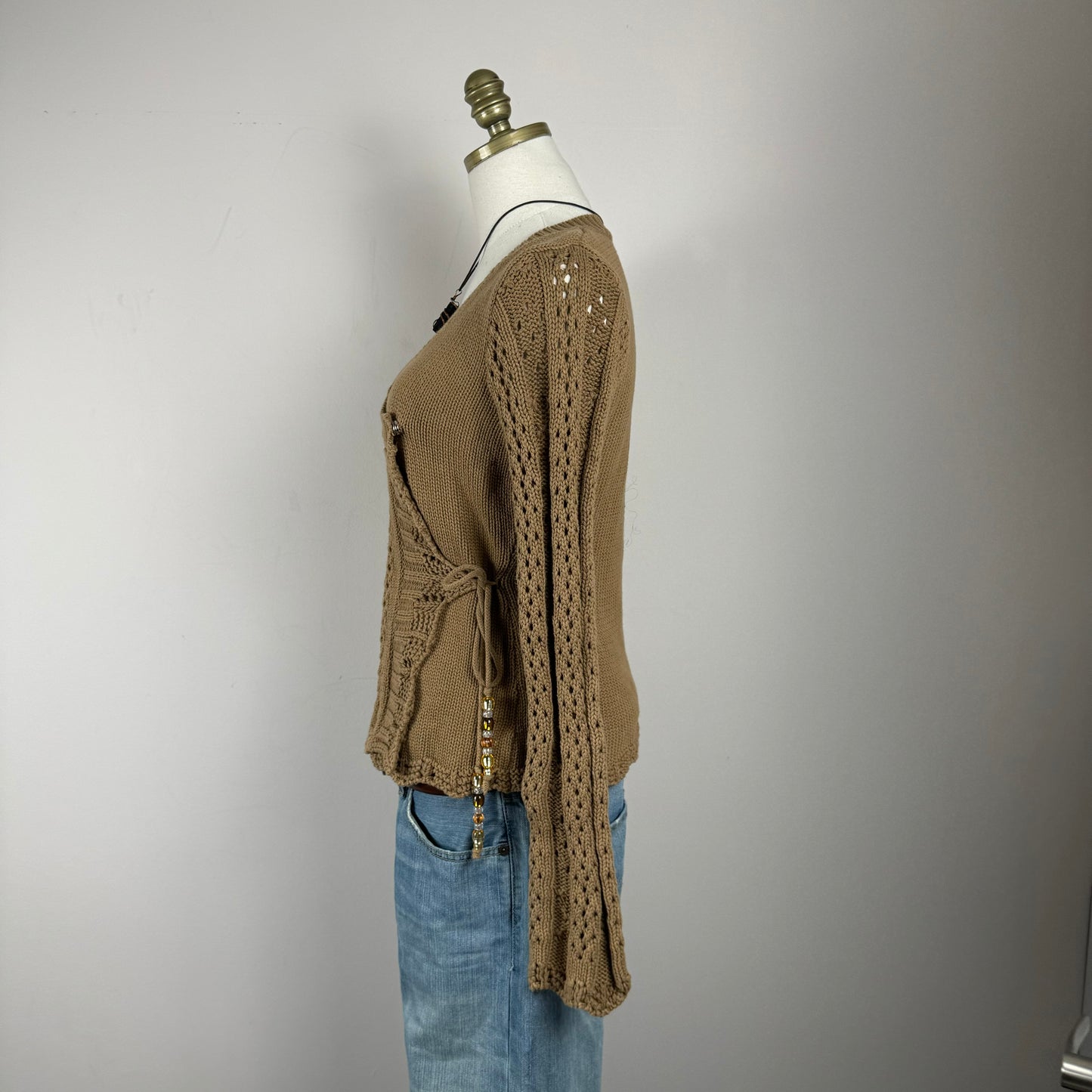 Cable Knit Tie Up Bell Sleeve Cardigan