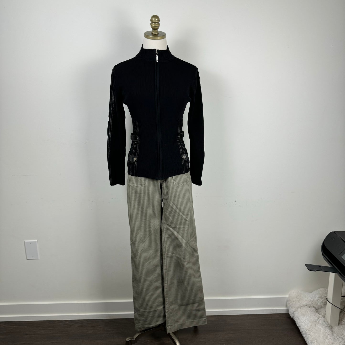 Black Fitted Zip Up Sweater Buckle Detail