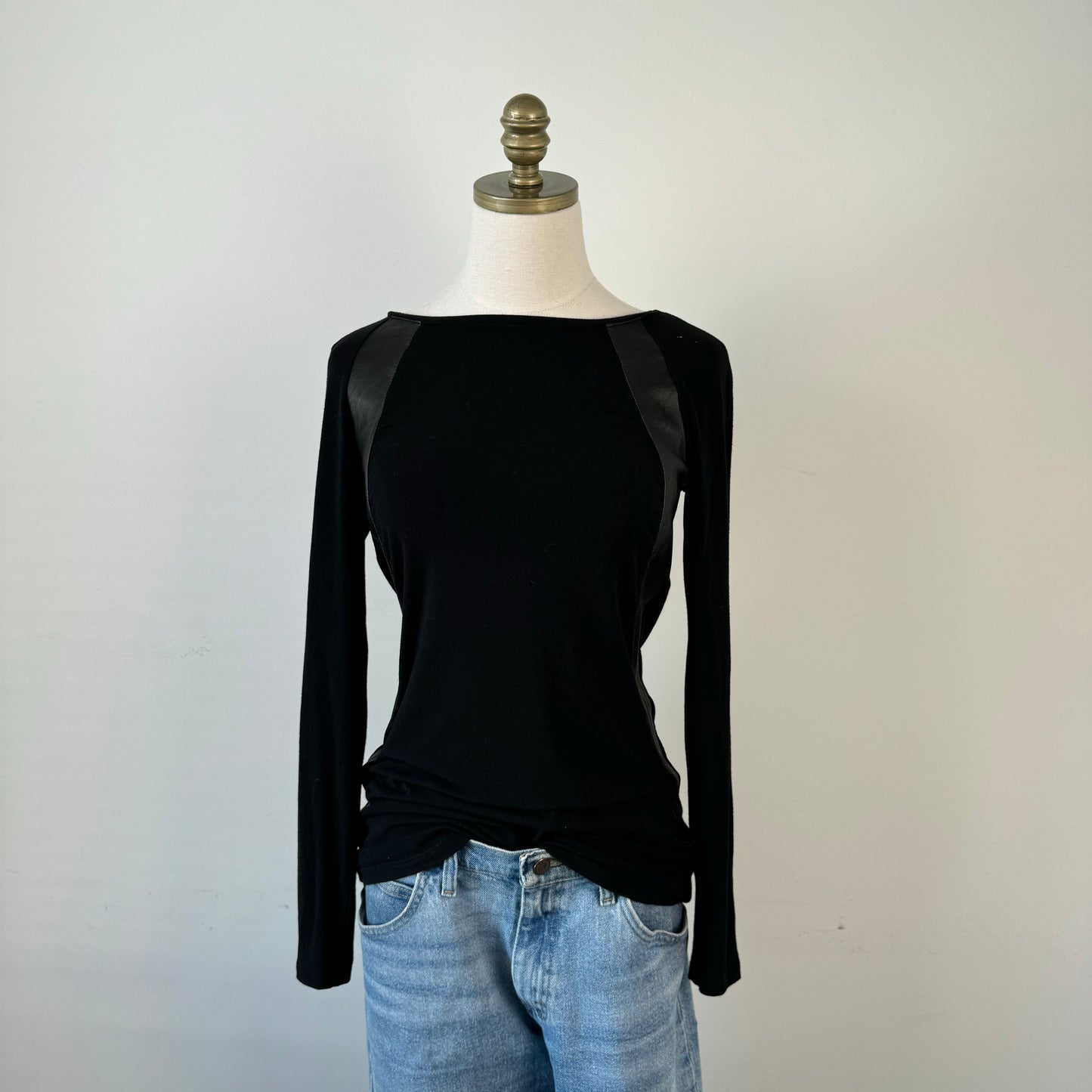 Danier Black Leather Knit Long Sleeve Top