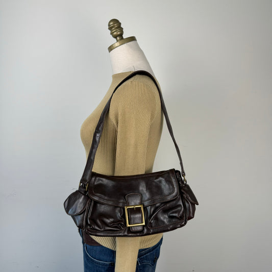 Brown Mini Shoulder Bag with Gold Buckle