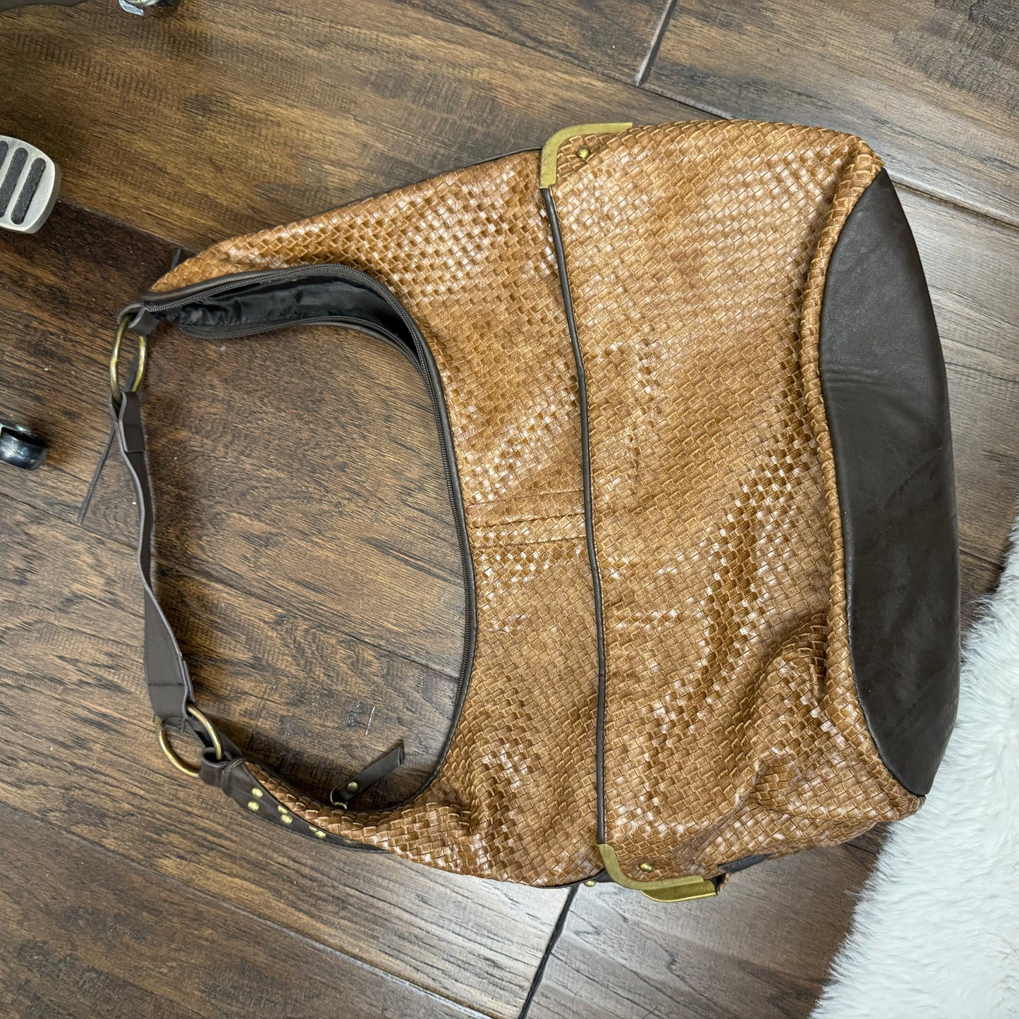 Tan Woven Leather Hobo Shoulder Bag