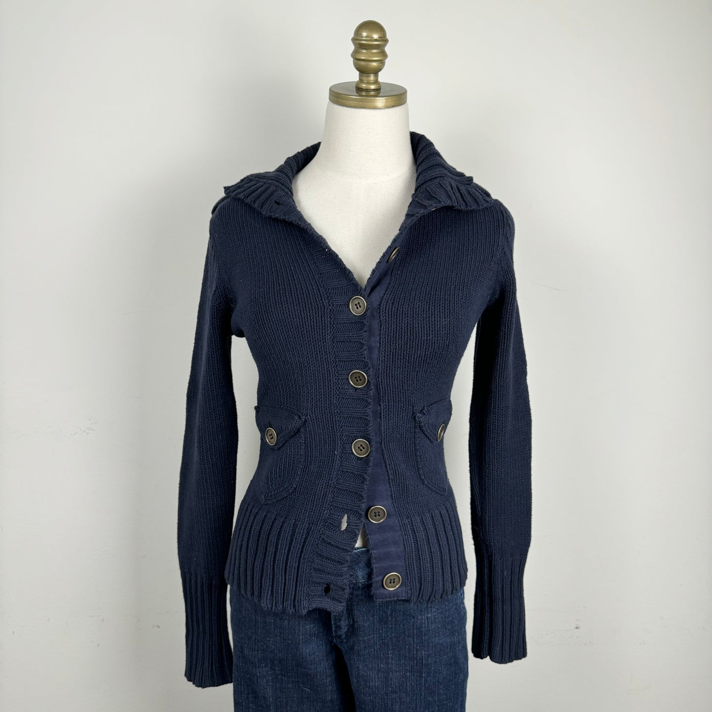 Navy Button Up Fitted Sweater