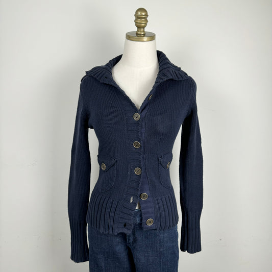 Navy Button Up Fitted Sweater