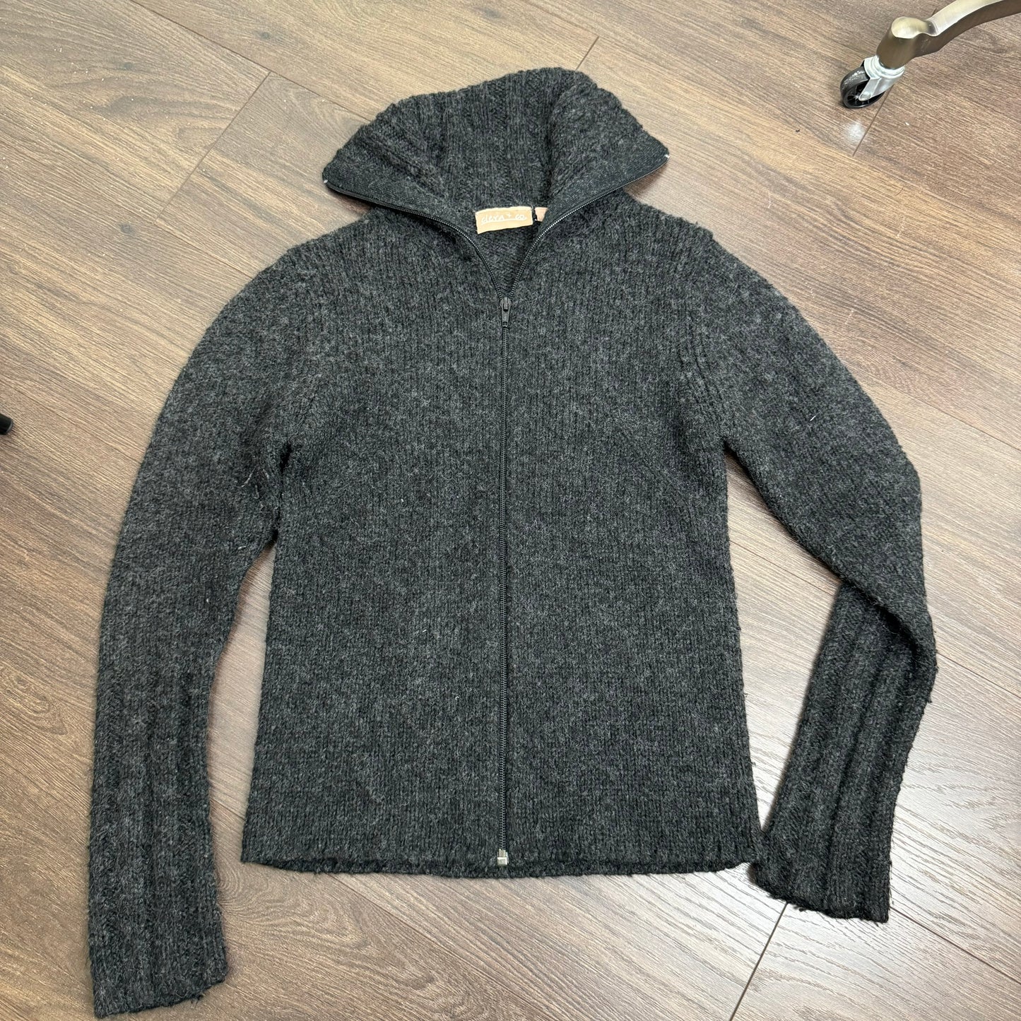 Dark Grey Zip Up Fold Over Collar / Turtleneck Sweater