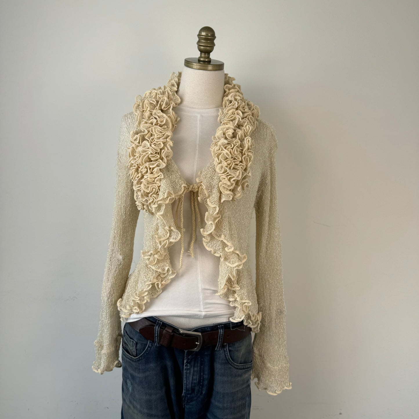 Cream Open Front Tie Up Ruffled Cardigan