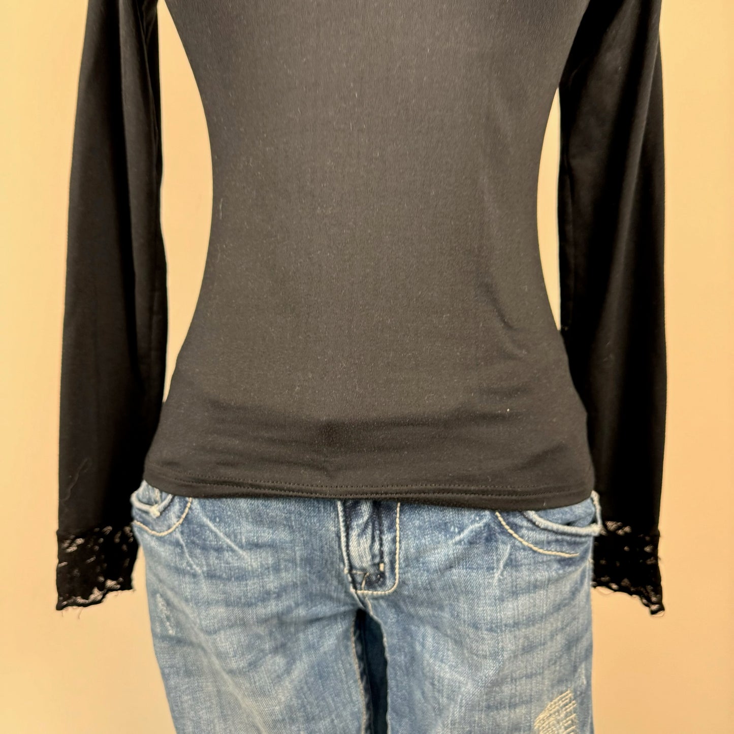 Black Fitted Lace Trim Long Sleeve Top