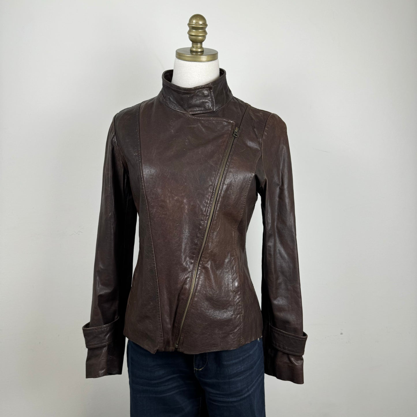 Brown Asymmetric Fitted Moto Genuine Leather Jacket