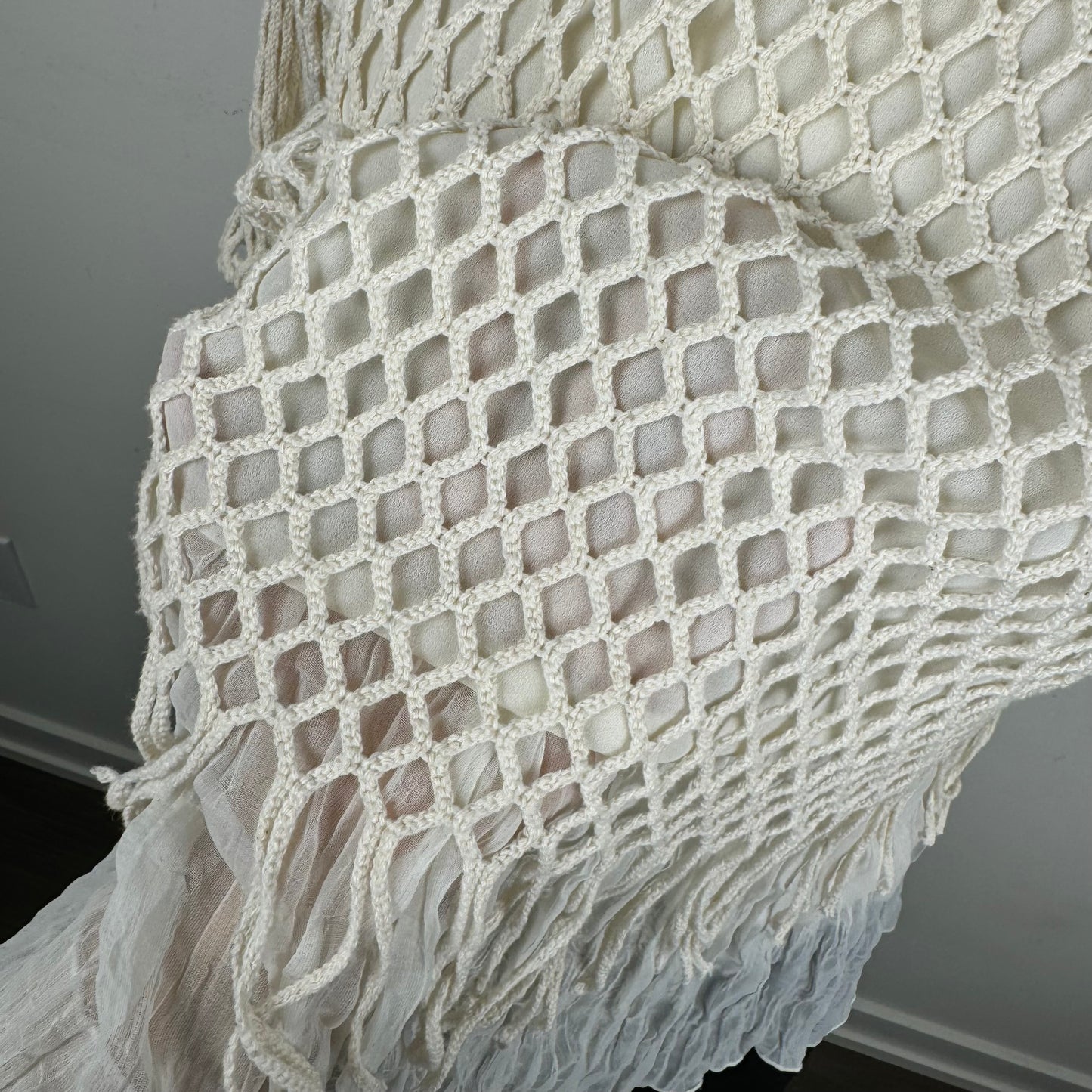 Cream Crochet Chiffon Fringe Short Sleeve Top