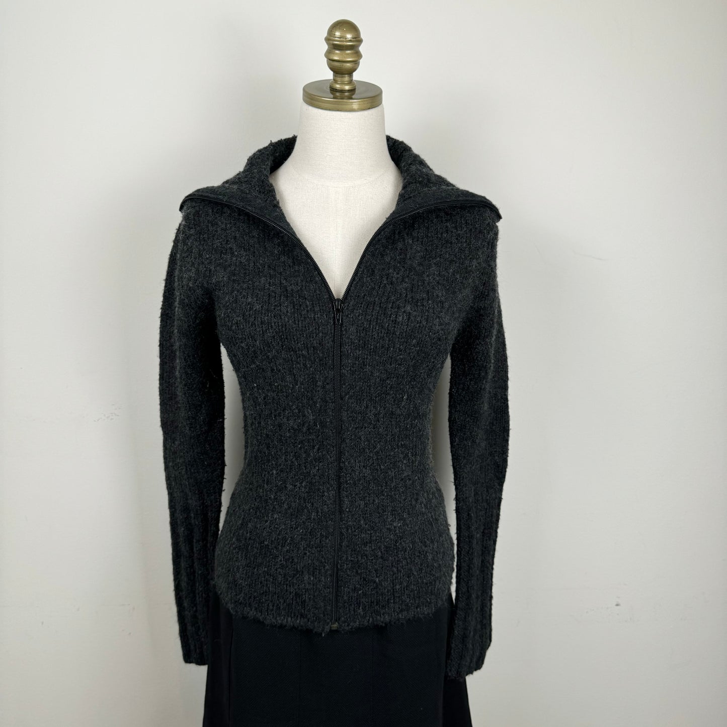 Dark Grey Zip Up Fold Over Collar / Turtleneck Sweater