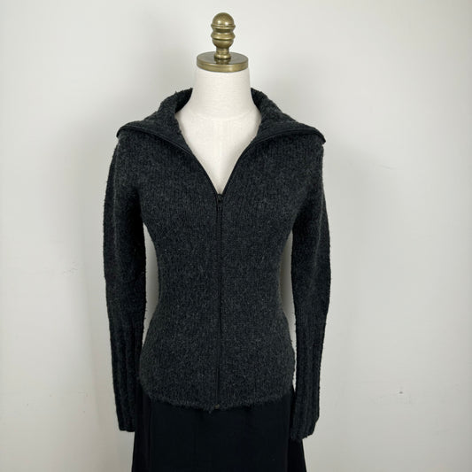 Dark Grey Zip Up Fold Over Collar / Turtleneck Sweater