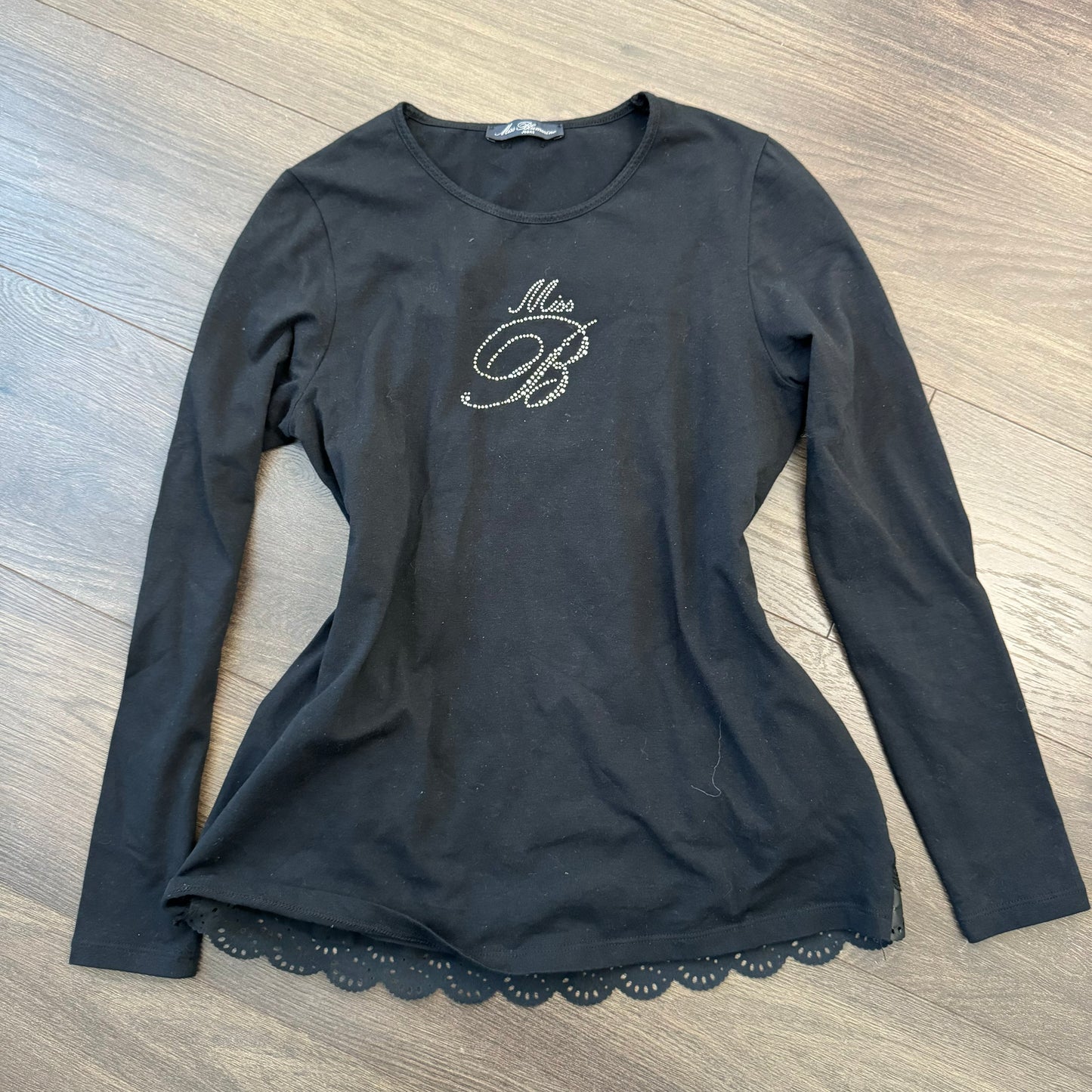 Blumarine Rhinestone Leather and Lace Long Sleeve Top