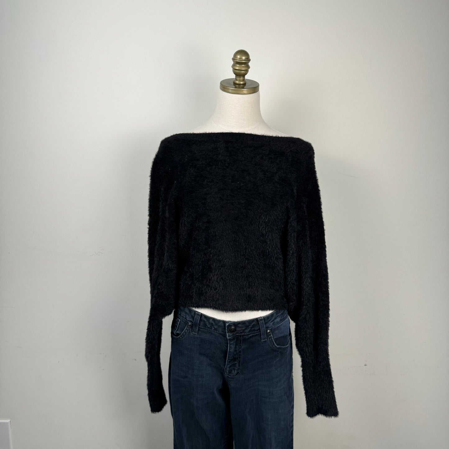 Black Off Shoulder Dolman Fuzzy Sweater