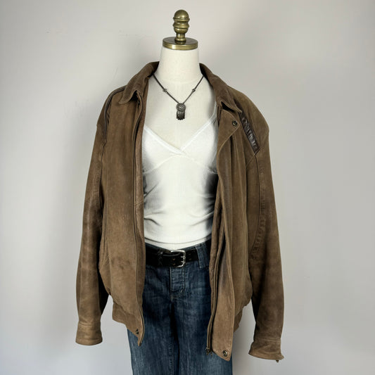 Vintage Light Brown Leather Bomber Jacket