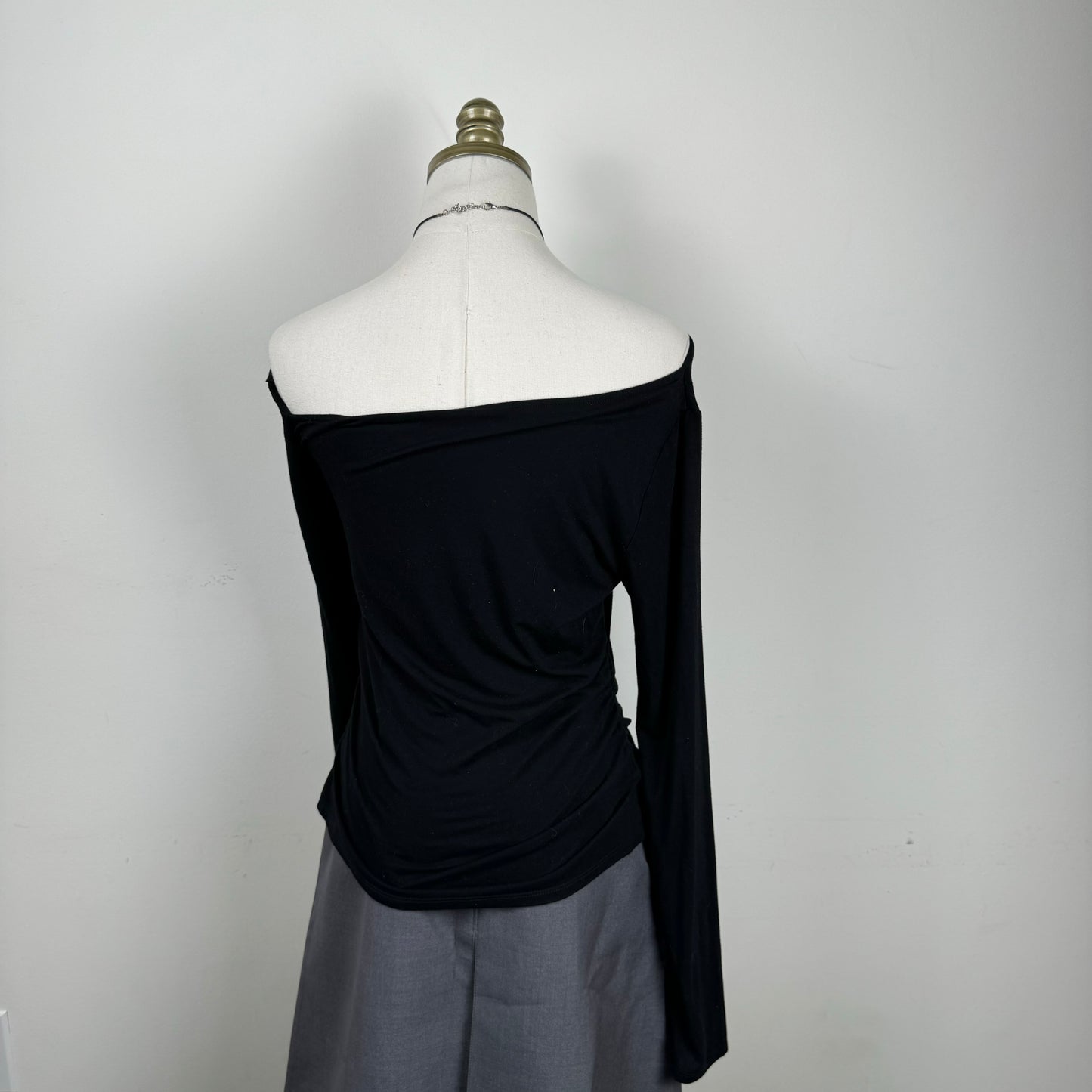 Black Asymmetric Off Shoulder Fitted Long Sleeve Top
