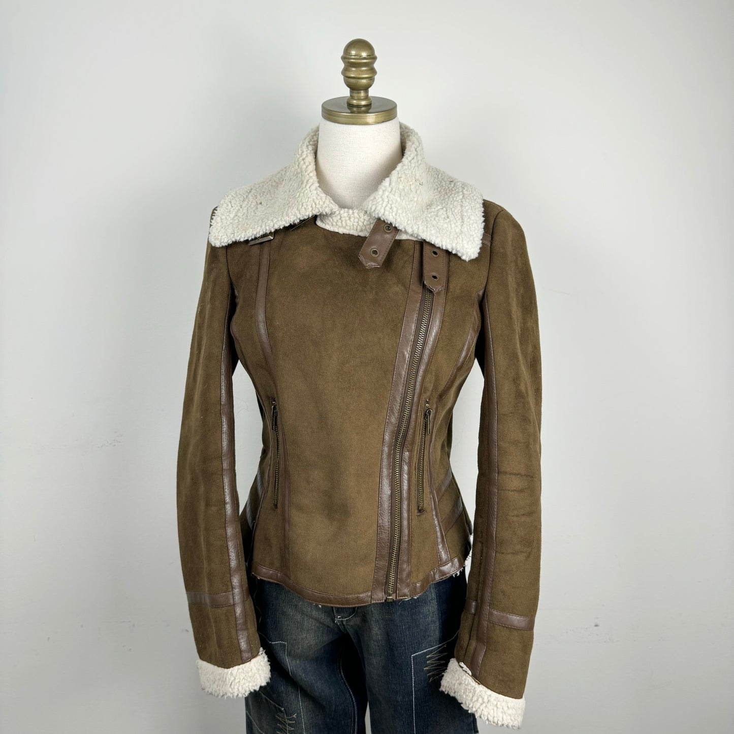 Brown Shearling Suede Moto Jacket