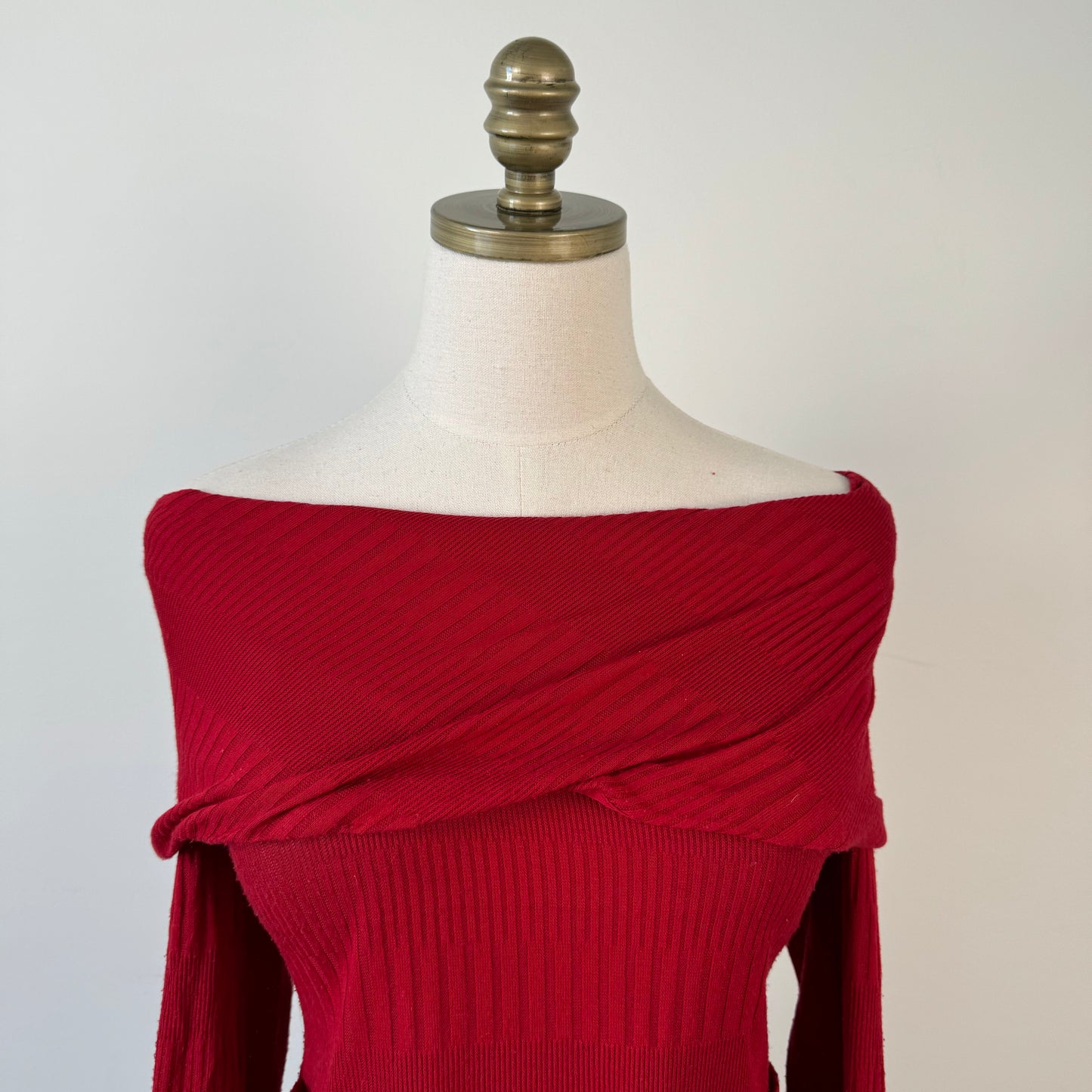 Red Off Shoulder Buckled Sweater
