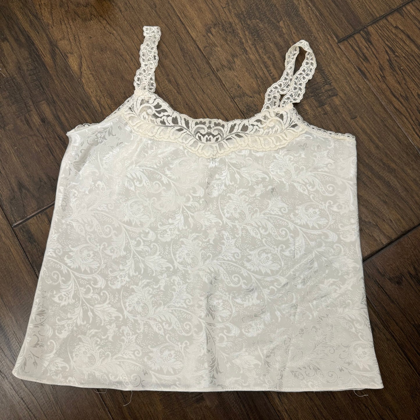 Vintage Cream Lace Trim Floral Print Satin Top