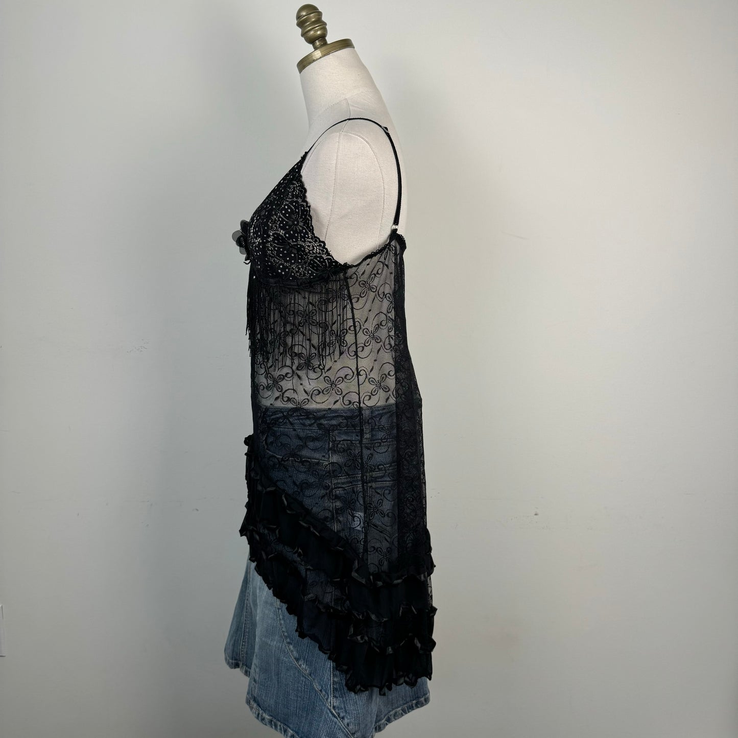 Black Lace Mesh Babydoll Slip Dress