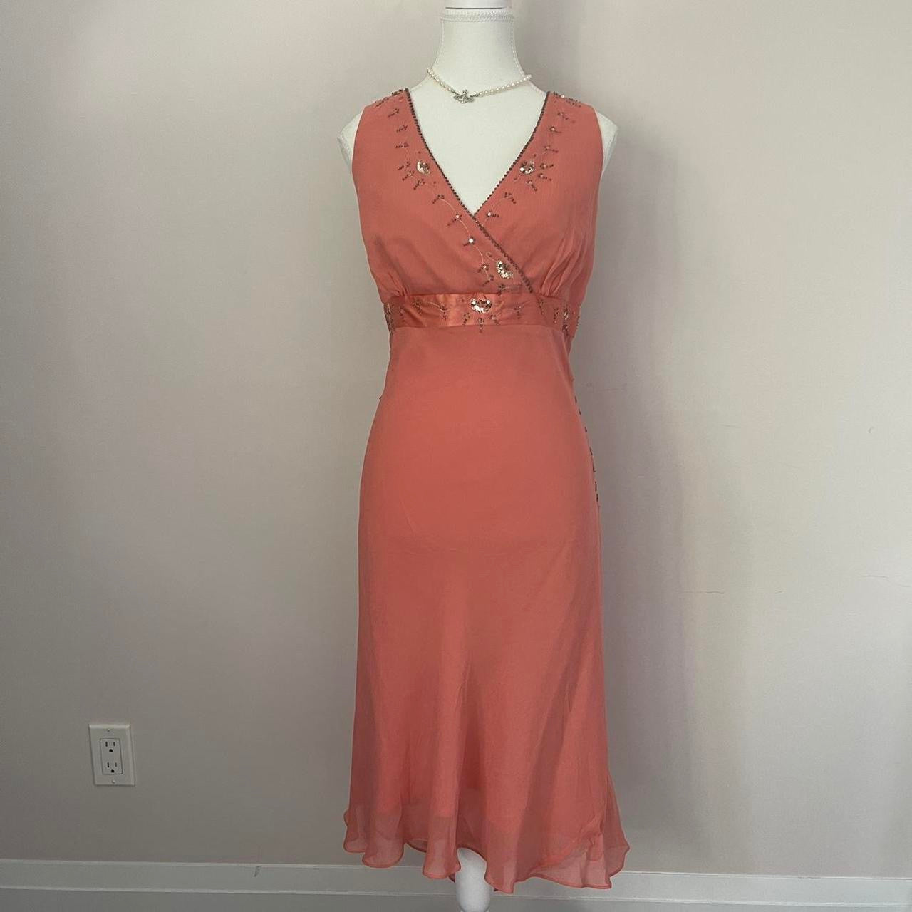Vintage Coral Beaded Silk Maxi Dress