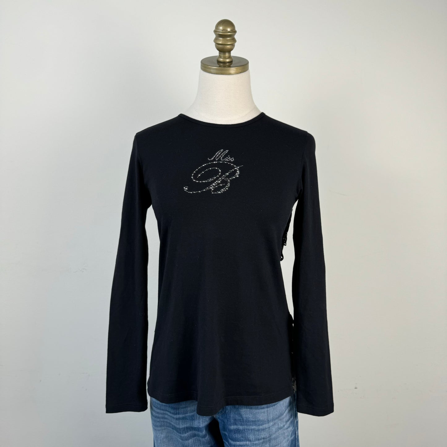 Blumarine Rhinestone Leather and Lace Long Sleeve Top